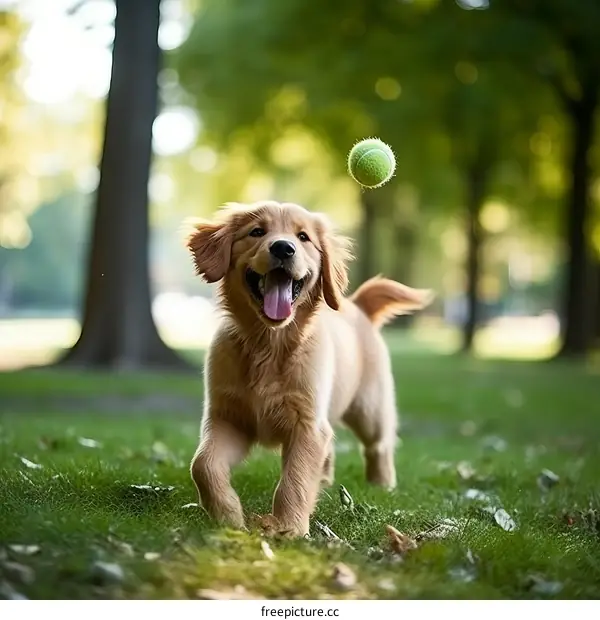 A Golden Retriever puppy playing fetch in the park