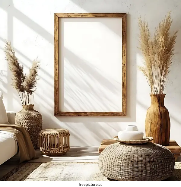 Bohemian Style Interior Mockup with Empty Picture Frame