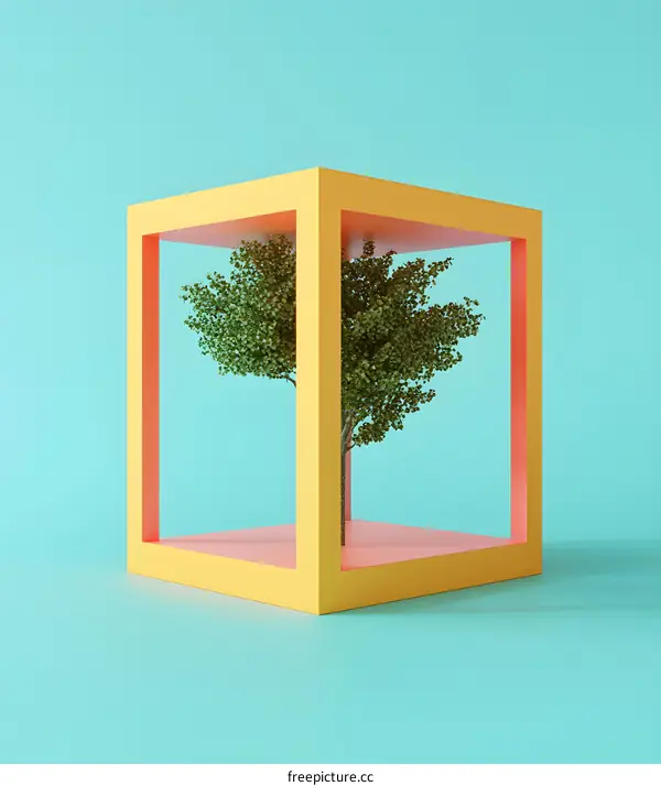 Minimalist 3D Illustration of a Tree Inside a Yellow Box