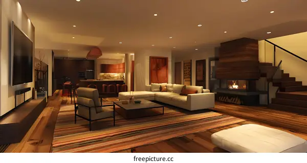 Modern Living Room Interior Design with Fireplace and Wooden Flooring
