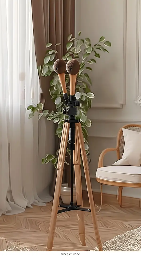 Wooden Tripod Stand with Two Microphones in Interior Room