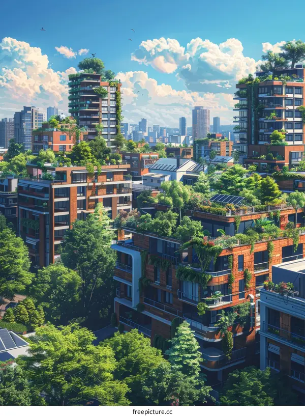 Sustainable Cityscape with Green Rooftops and Lush Gardens