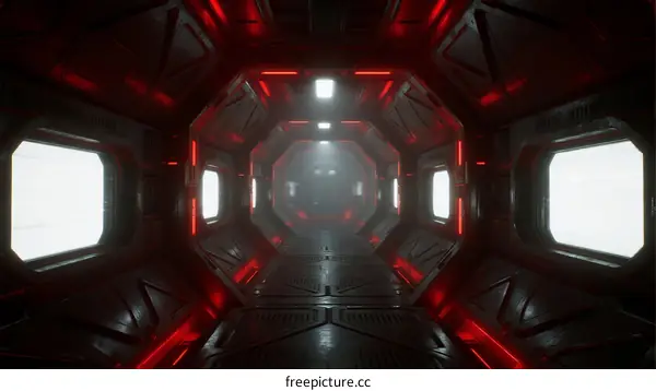 A futuristic sci-fi spaceship corridor with red lighting and large windows