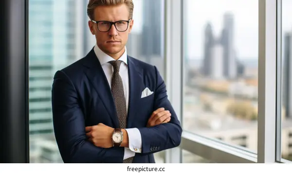 Businessman in suit standing with arms crossed in front of window