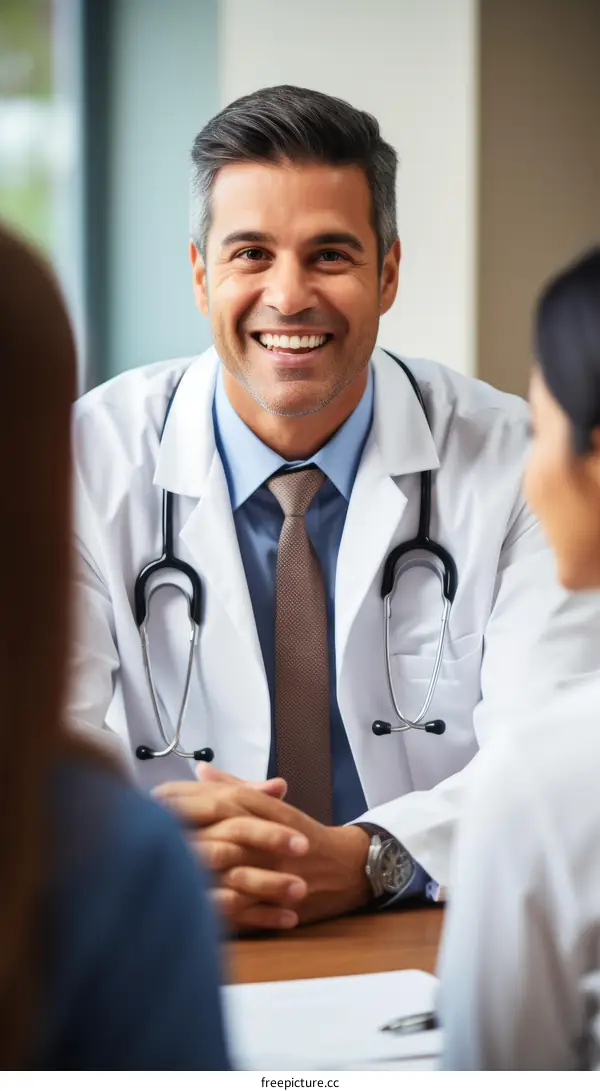 Smiling multiethnic male doctor in white coat with stethoscope around neck sitting at desk in modern clinic talking to female patient