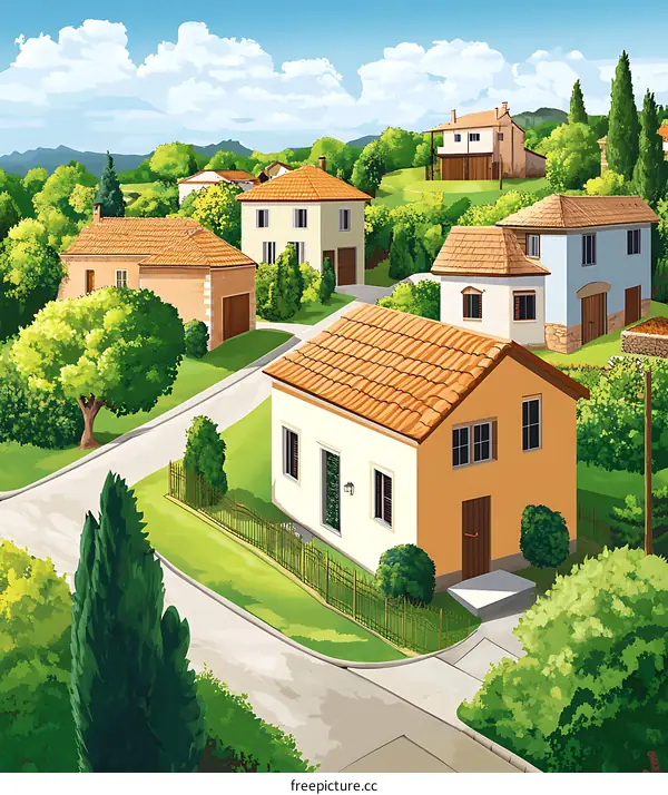 Houses in the countryside, countryside illustration