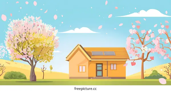 Springtime Cottage with Solar Panels and Cherry Blossom Trees