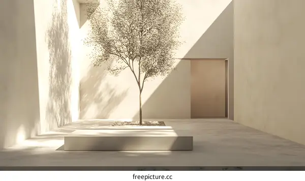 Minimalist Interior Design with Small Tree in White Room