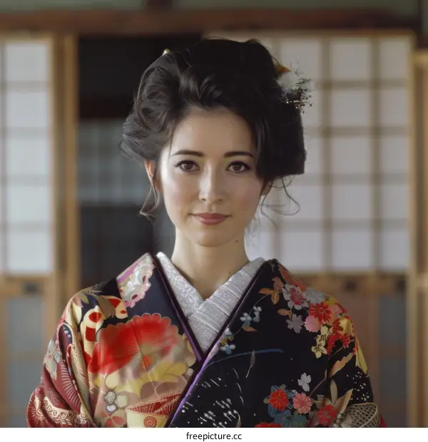 Portrait of a young Japanese woman in traditional kimono