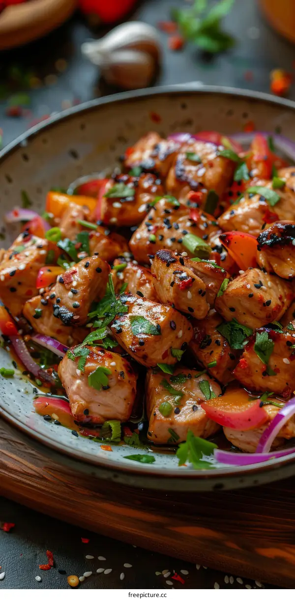 A bowl of diced ahi tuna with sesame seeds, red onion, and cilantro