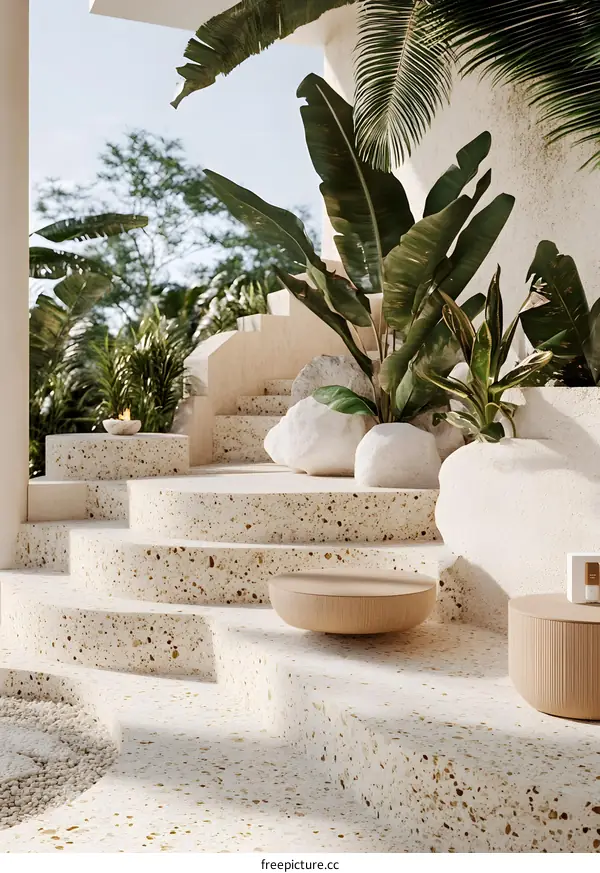 Modern Minimalist Terrace Design With Stone And Plants