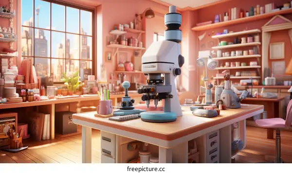 A pink laboratory with a microscope on a table