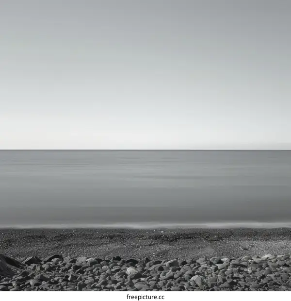 Black and white photo of a rocky beach with the ocean in the background