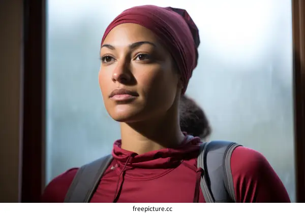 A young woman wearing a red beanie and a red sweatshirt looking out a window