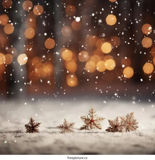 Golden snowflakes on snow with blurred lights in the background