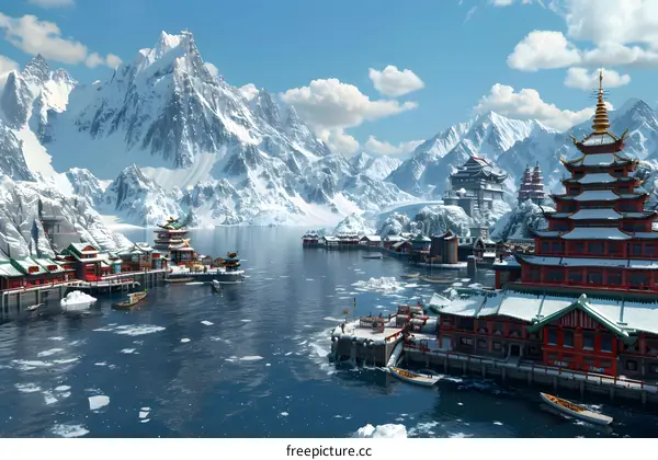 Winter Scenery of Chinese Architecture on Mountain Lake