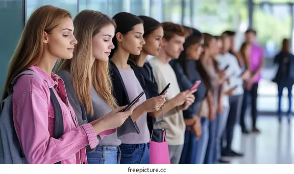 Multi-ethnic People Using Smartphones in a Row