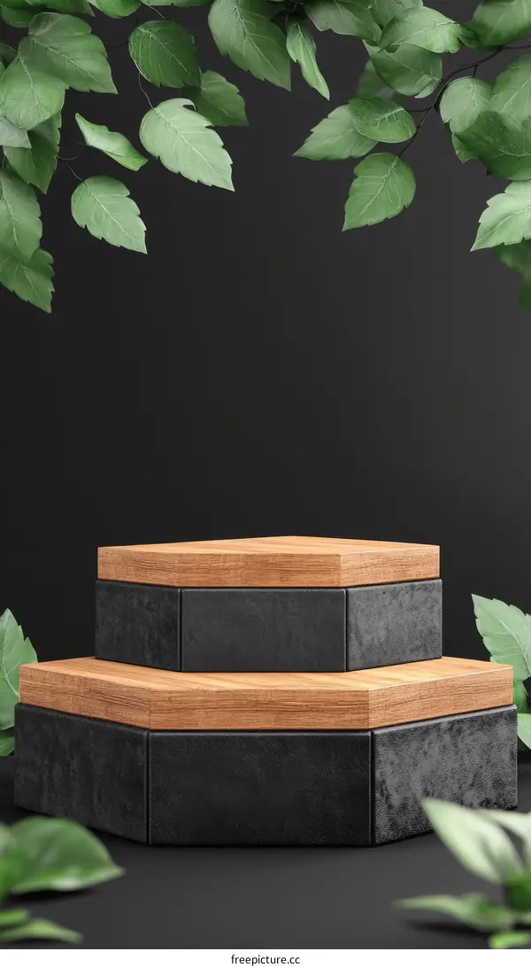 Wooden and Stone Hexagonal Display Podium with Leaves