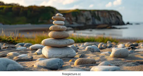 Balanced Stones on a Beach with Blurred Background