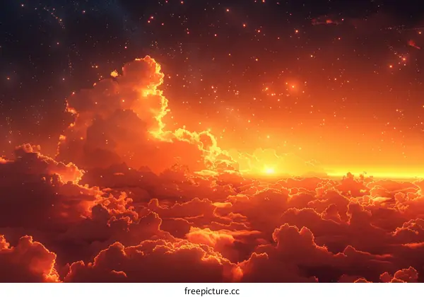 A surreal sunset sky with orange clouds and stars