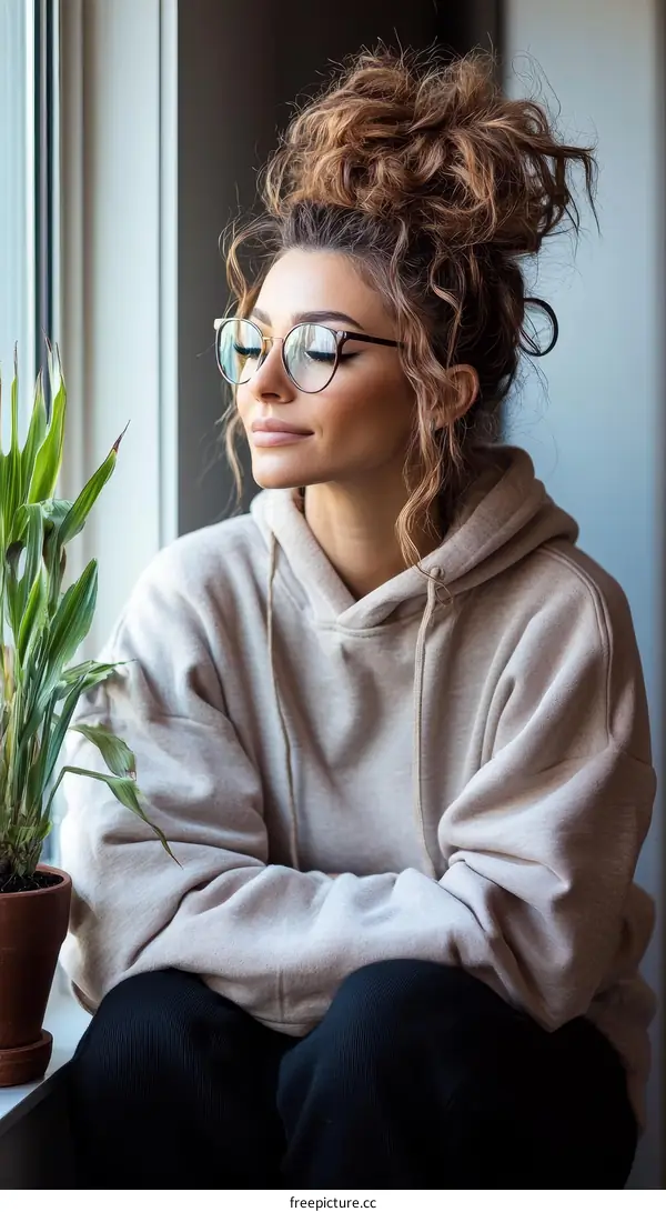 Stylish Woman in a Cozy Hoodie by the Window