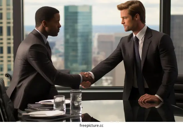 Two businessmen shaking hands in an office