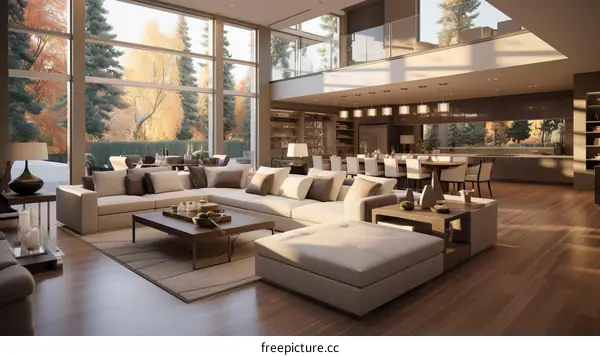 Modern and minimalist living room interior with large windows and a high ceiling