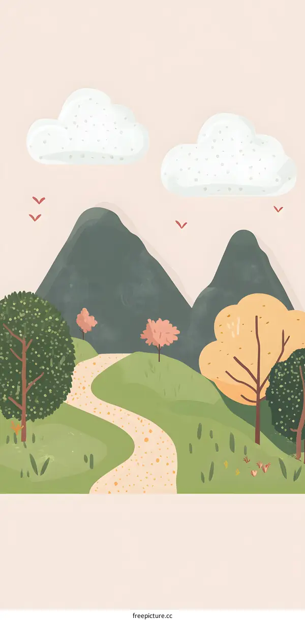 Winding Path through Lush Green Landscape with Mountains and Clouds