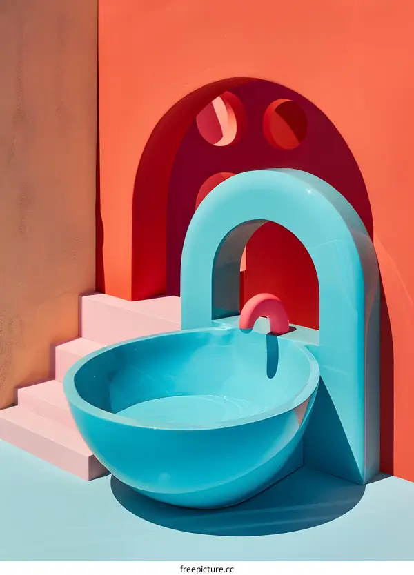 Abstract 3D Illustration of a Blue Bowl With Water and Pink Arches