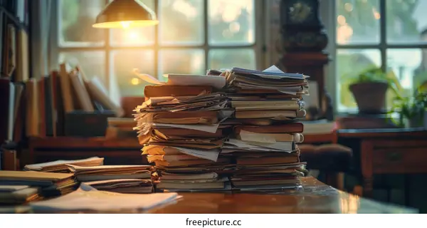 A stack of books and papers on a wooden table with a lamp and clock
