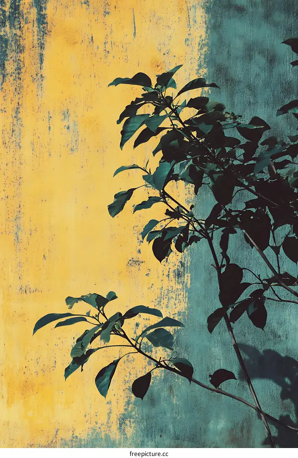 Green Leaves on Yellow and Green Wall