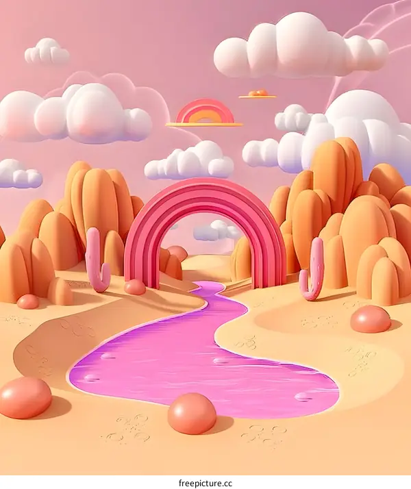 Pink River in Desert with Rainbow Arch