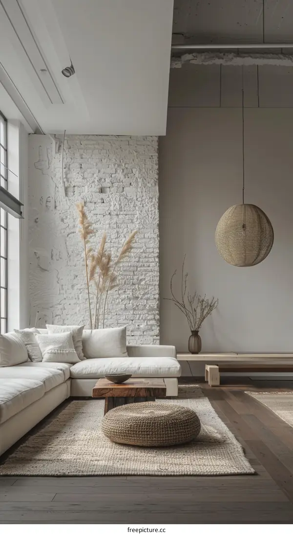 Modern White Brick Wall Living Room With Wood Floor