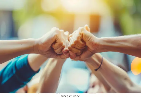 A group of people of different ethnicities joining their fists together in unity and strength