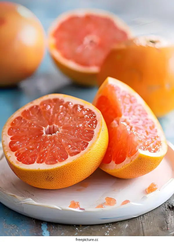 Fresh Sliced Grapefruit On Plate