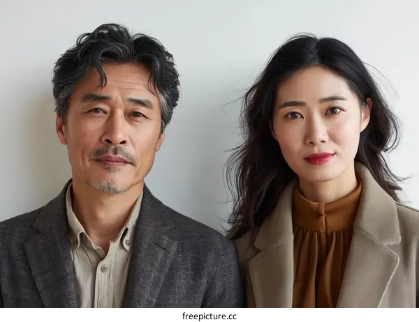 A man and a woman are posing in front of a white background. The man has short black hair and a beard. He is wearing a gray suit jacket and a light blue shirt. The woman has long black hair and is wearing a brown blouse.