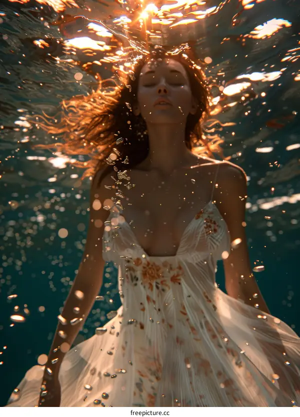 A woman in a white dress is floating underwater