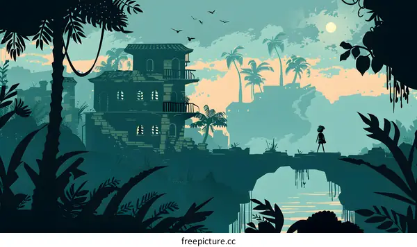 Silhouette of a Girl Walking on a Bridge in a Jungle
