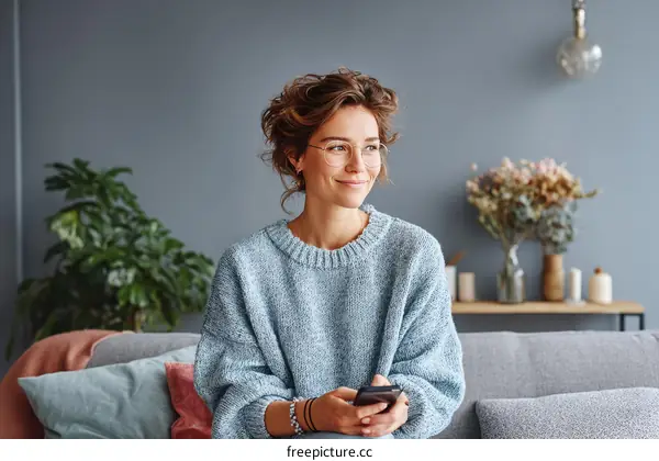 Woman Relaxing with Smartphone at Home
