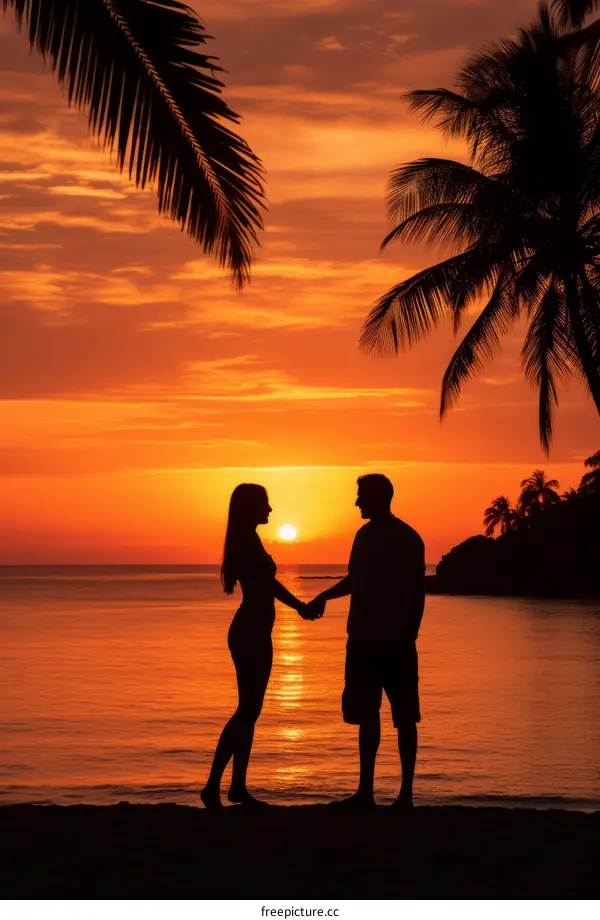 Couple holding hands on the beach at sunset