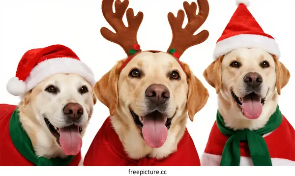Three Dogs Wearing Christmas Hats and Reindeer Antlers
