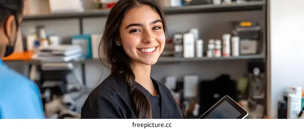 Smiling Female Doctor Holding Tablet in Clinic