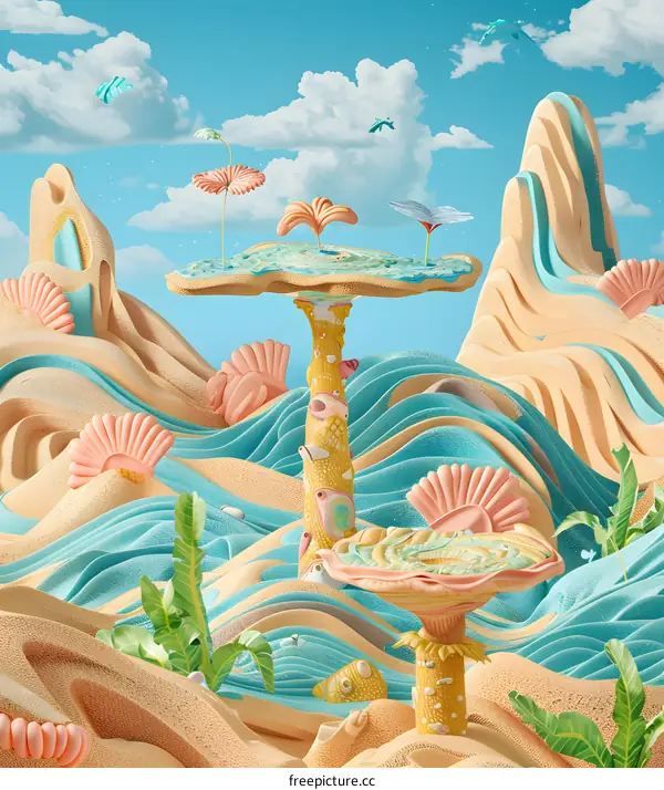 Abstract 3D Illustration of Fantasy Landscape With Mushroom