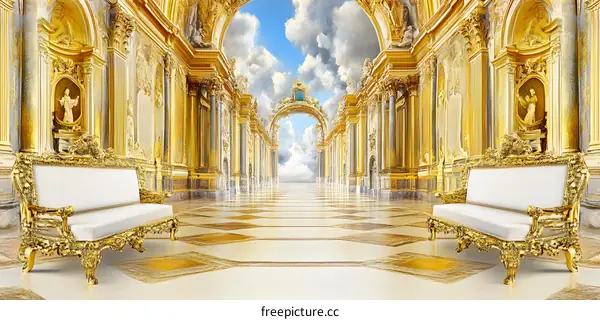 Golden Palace Hallway with White Sofas and Heavenly View