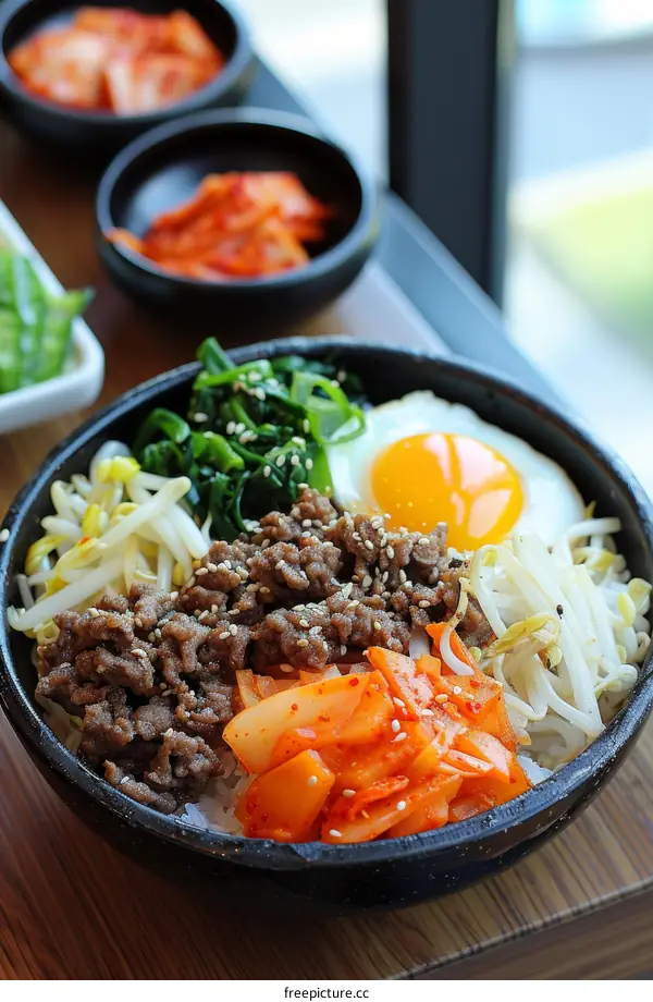 Korean food dolsot bibimbap with kimchi and egg