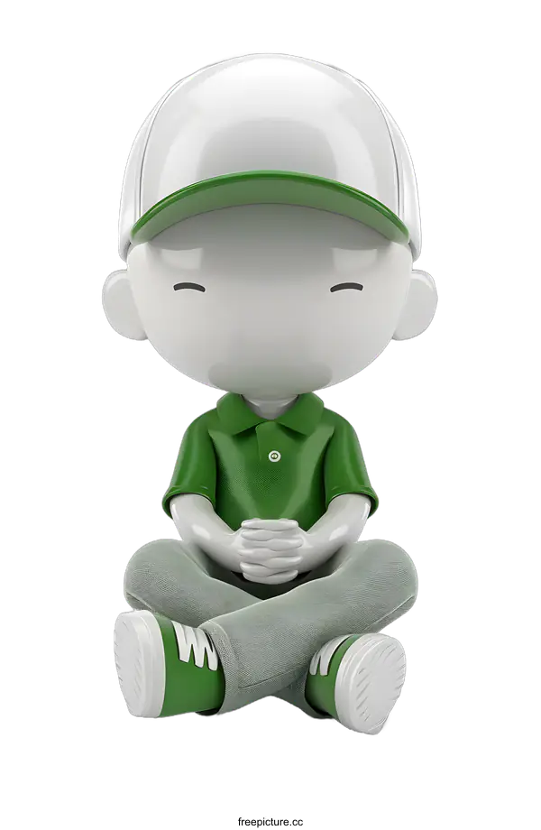 [Transparent Background PNG]3D rendering of a boy in a green hat and green shirt meditating