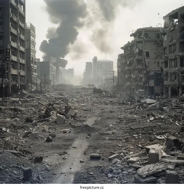 Post-apocalyptic city street with ruined buildings and debris