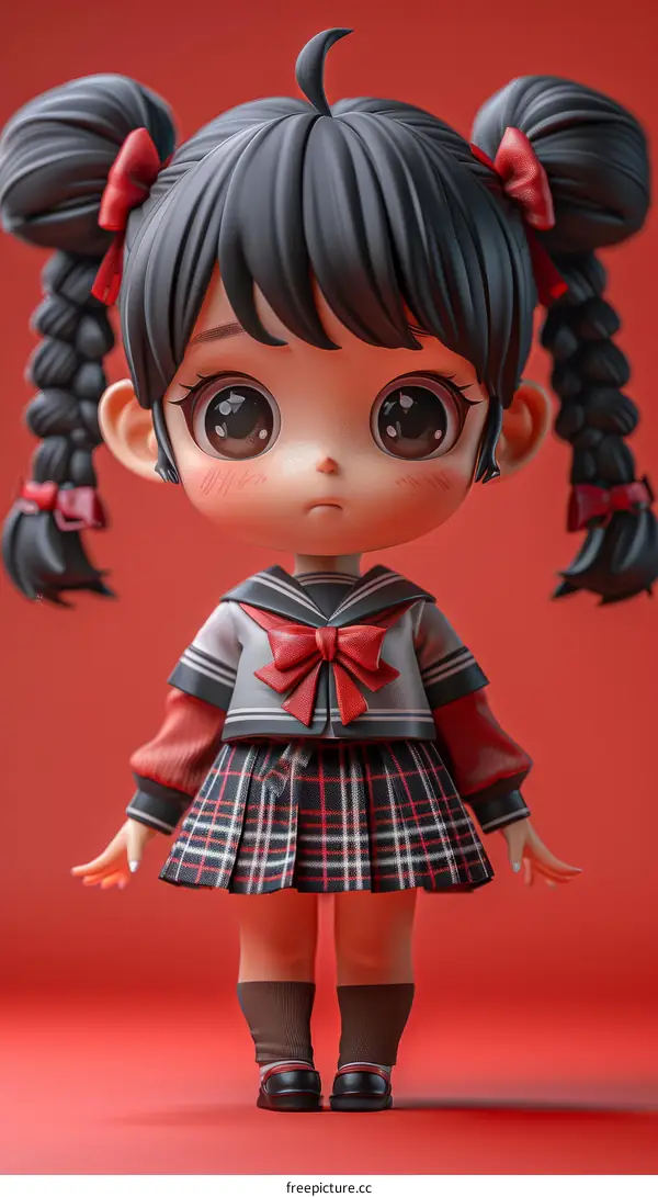 3D illustration of a cute anime girl with black hair and red bow