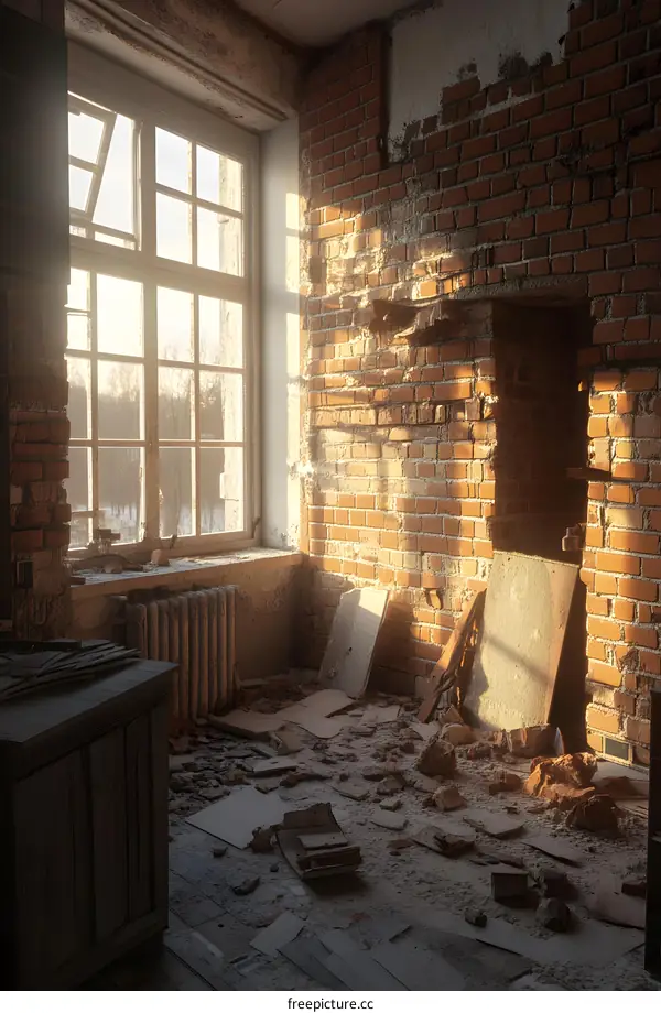 Abandoned Room with Brick Wall and Sun Light