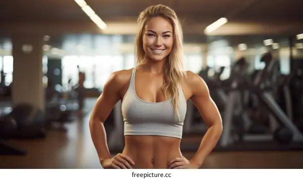 Blonde woman in gray sports bra standing with hands on hips in a fitness center